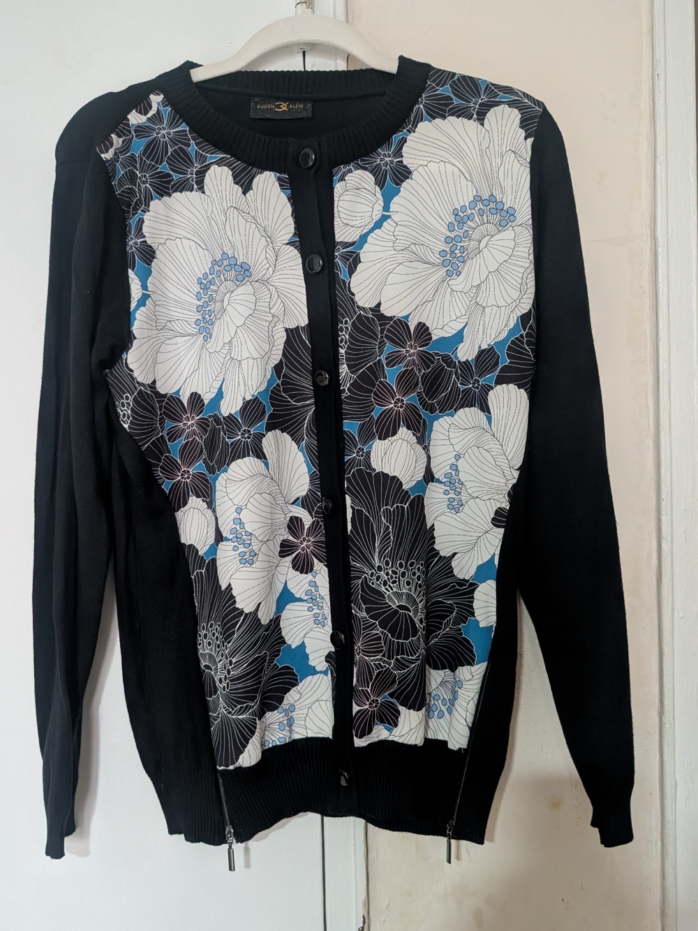 Black Floral Front-Panel Cardigan with Blue Accents - Unknown Brand